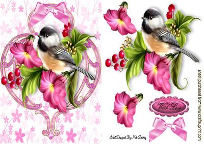 Pink Petunias with Little Bird and Berries