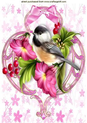 Pink Petunias with Little Bird and Berries A4
