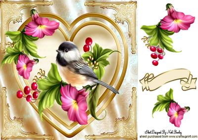 Little Bird on a Gold Heart with Pink Petunias 8x8
