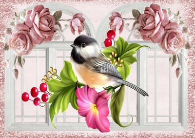Pretty Bird with Petunias and Pink Roses A4