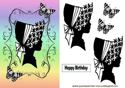 Pretty Silhouette Lady with Bonnet on Rainbow Background