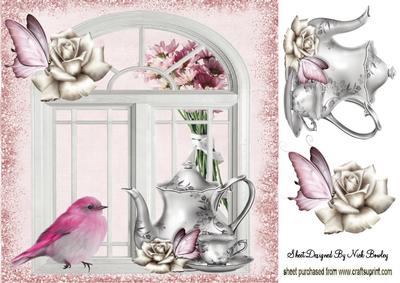 Little Pink Bird in the Window with Roses 8x8