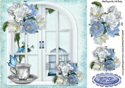 Pretty Window with Blue Flowers 8x8