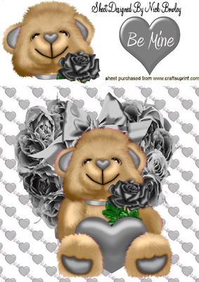 Little Brown Bear on Silver Rose Heart 8x8