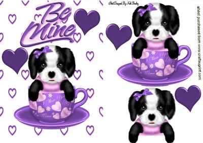 Be Mine! Puppy in Purple Teacup with Hearts