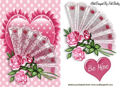 Lace Fan with Pink Roses on a Frilly Heart