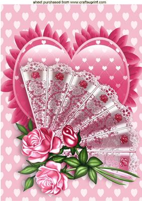 Lace Fan with Pink Roses on a Frilly Heart A4