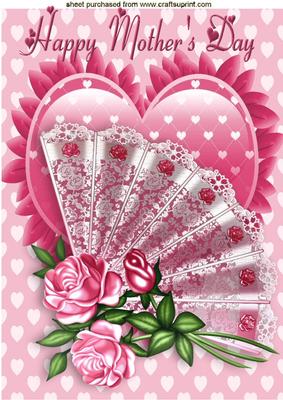 Lace Fan with Pink Roses for Mothers Day on Heart A4