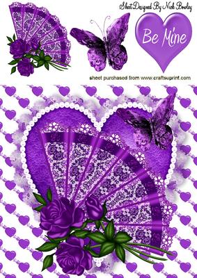 Lace Fan with Purple Roses and Hearts 8x8