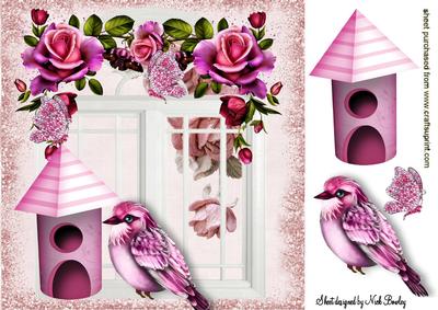 Pretty Bird with Birdhouse and Roses 8x8