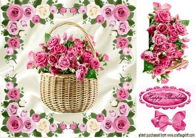 Basket of Roses in Rose Frame with Bow 8x8