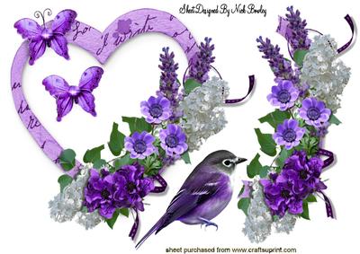 Little Bird on a Heart with Purple Flowers A4