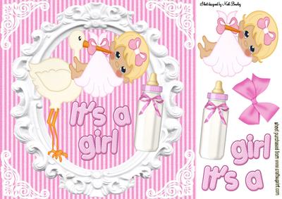 Baby Girl Carried by a Stork! with Her Botle 8x8