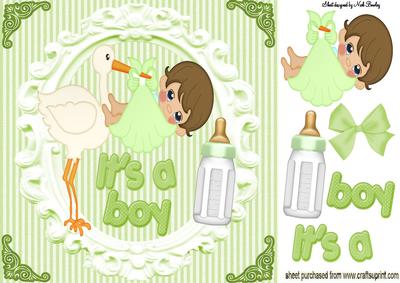 Baby Boy Carried by Stork with Brown Hair 8x8