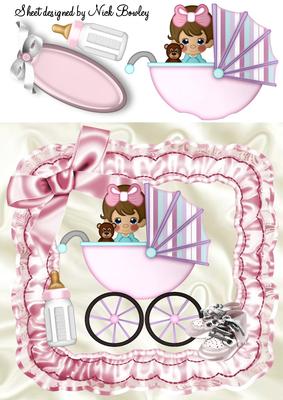 Baby Girl in Her Pram with Teddy in Frill Frame 8x8