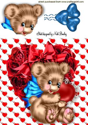 Teddy in Blue Bow on Rose Heart Frame 8x8