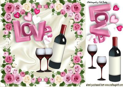 I Love You! Love Hearts and Wine in Rose Frame 8x8