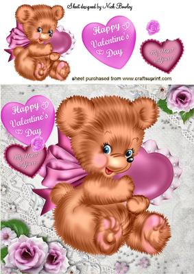 Little Valentine Bear with Hearts and Roses 8x8