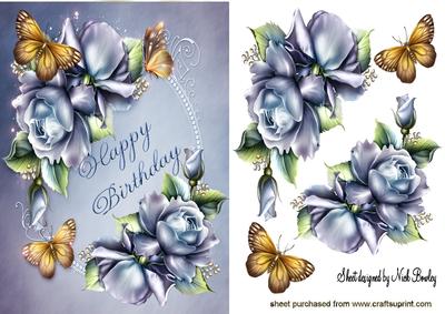 Pretty Blue Roses with Gold Butterflies