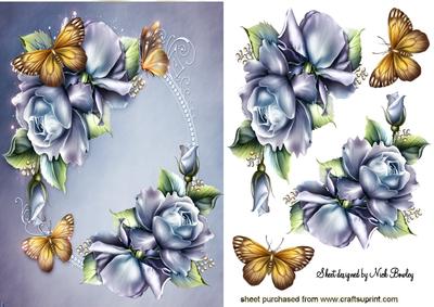 Blue Roses with Pretty Gold Butterflies