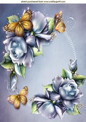 Pretty Blue Roses with Gold Butterflies A4