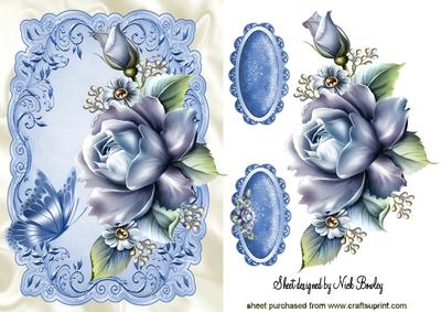 Pretty Blue Roses , Blue Butterfly in Ornate Frame
