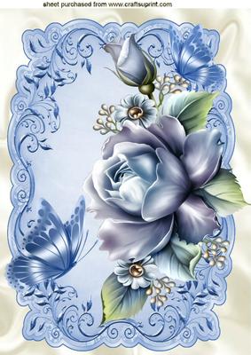 Pretty Blue Roses, Blue Butterflies in Ornate Frame A4