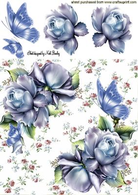 Floral, Blue Roses and Butterflies 8x8