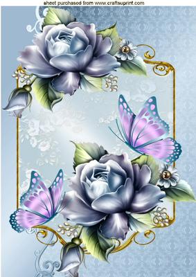 Blue Roses with Pink Butterfly in Ornate Frame A4
