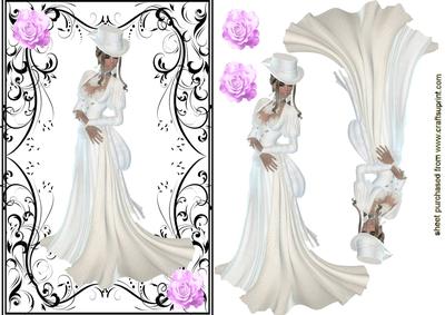 Elegant Lady in White Gown & Pink Roses