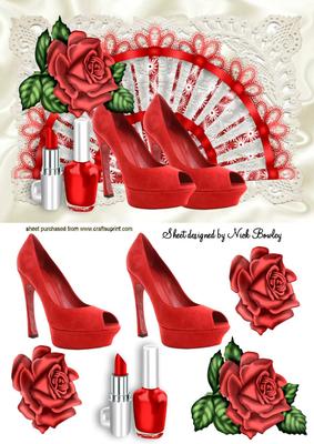 Red Shoes with Roses on Lace Fan