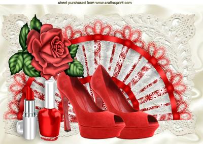 Red Shoes with Roses on Lace Fan A4