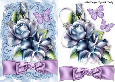 Blue Roses with Lilac Bow and Butterflies