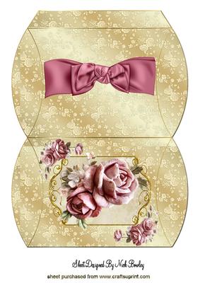 Pink Roses in Gold Frame with Bow Pillow Box