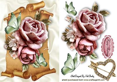 Pink Roses and Butterflies on a Scroll