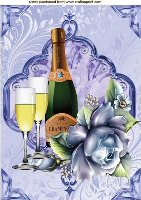 Blue Rose with Champagne and Glasses A4