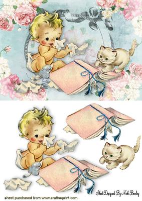 Naughty Baby Girl, with Playful Kitty in Rose Frame