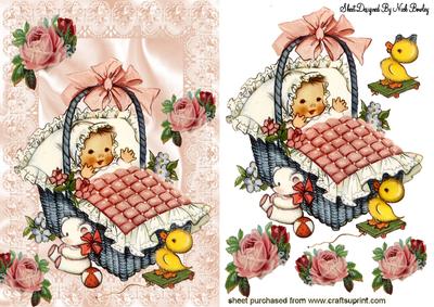 Vintage Baby Girl in a Basket with Bow and Roses