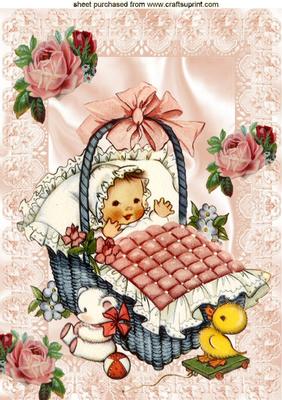 Vintage Baby Girl in a Basket with Bow and Roses A4