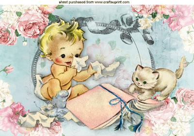 Naughty Baby Girl, with Playful Kitty in Rose Frame A4