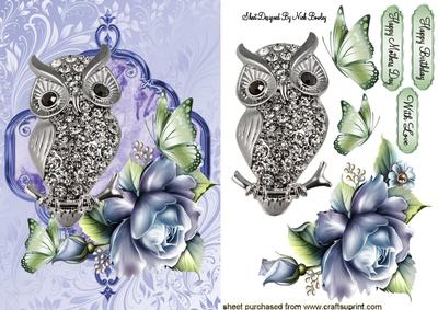 Diamond Owl with Blue Roses