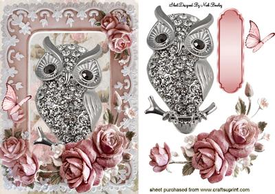 Diamond Owl with Pink Roses and Butterfly
