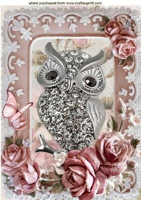 Diamond Owl with Pink Roses and Butterfly A4
