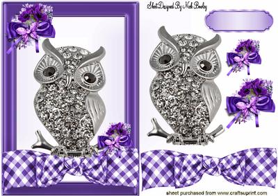 Diamond Owl on a Purple Gingham Bow with Flowers