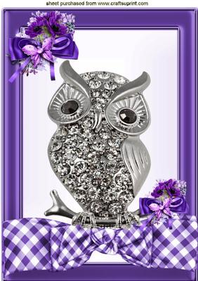 Diamond Owl on a Purple Gingham Bow with Flowers A4