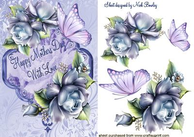 Happy Mothers Day Pretty Blue Roses & Butterflies