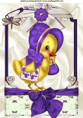Easter Chick in Purple Bonnet in Vintage Frame A4