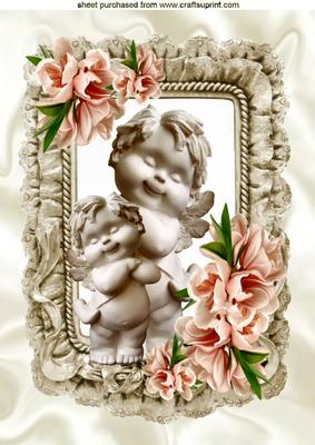 Little Cherubs with Peach Flowers in Frill Frame A4