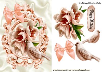 Peach Little Birds with Peach Flowers in Ornate Frame