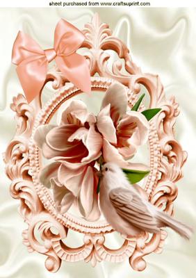 Peach Little Birds with Peach Flowers in Ornate Frame A4